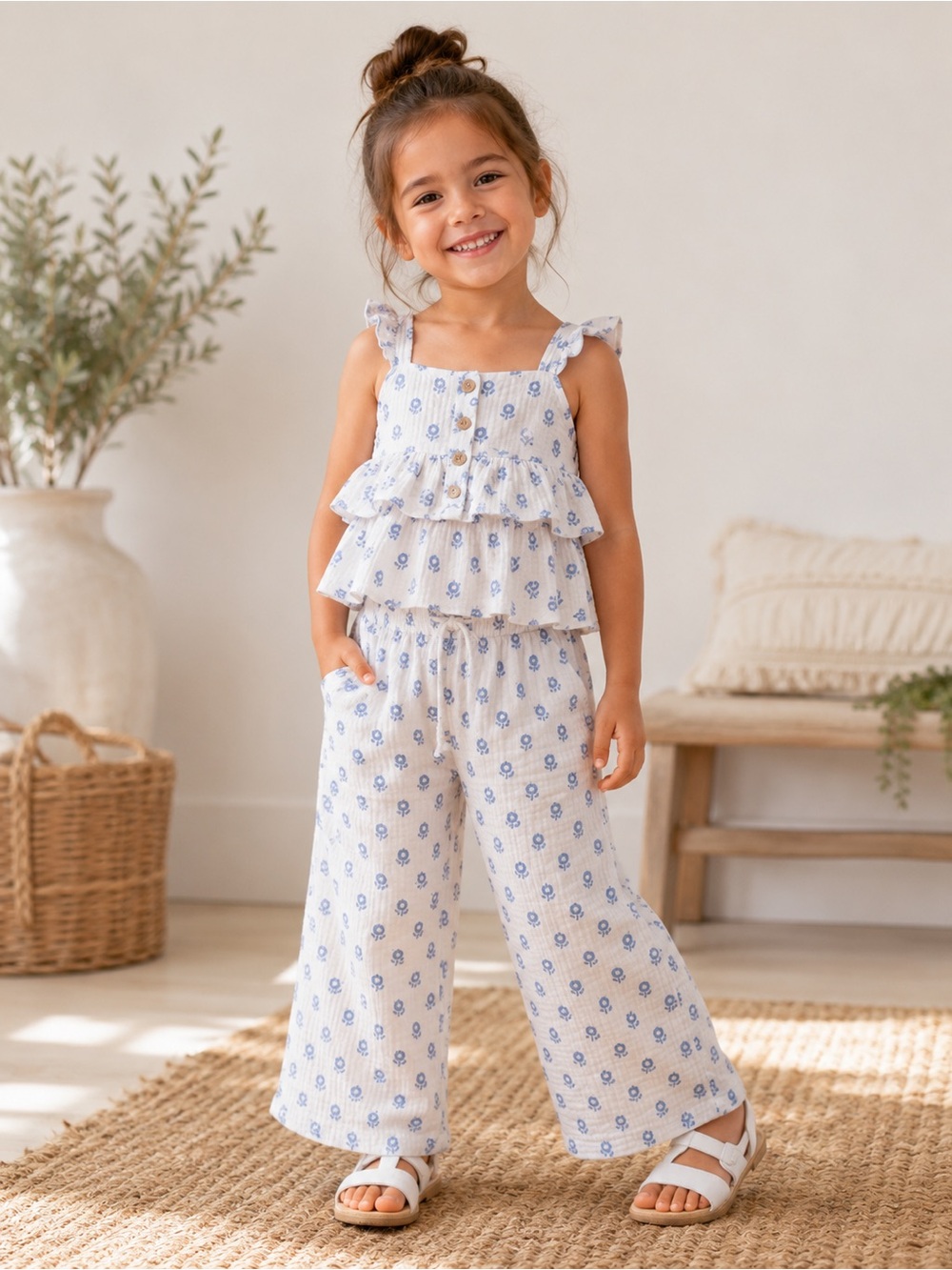 Girls 4T Muslin 100% Cotton Floral Set Ruffle Tank Wide Leg Pants Casual Play